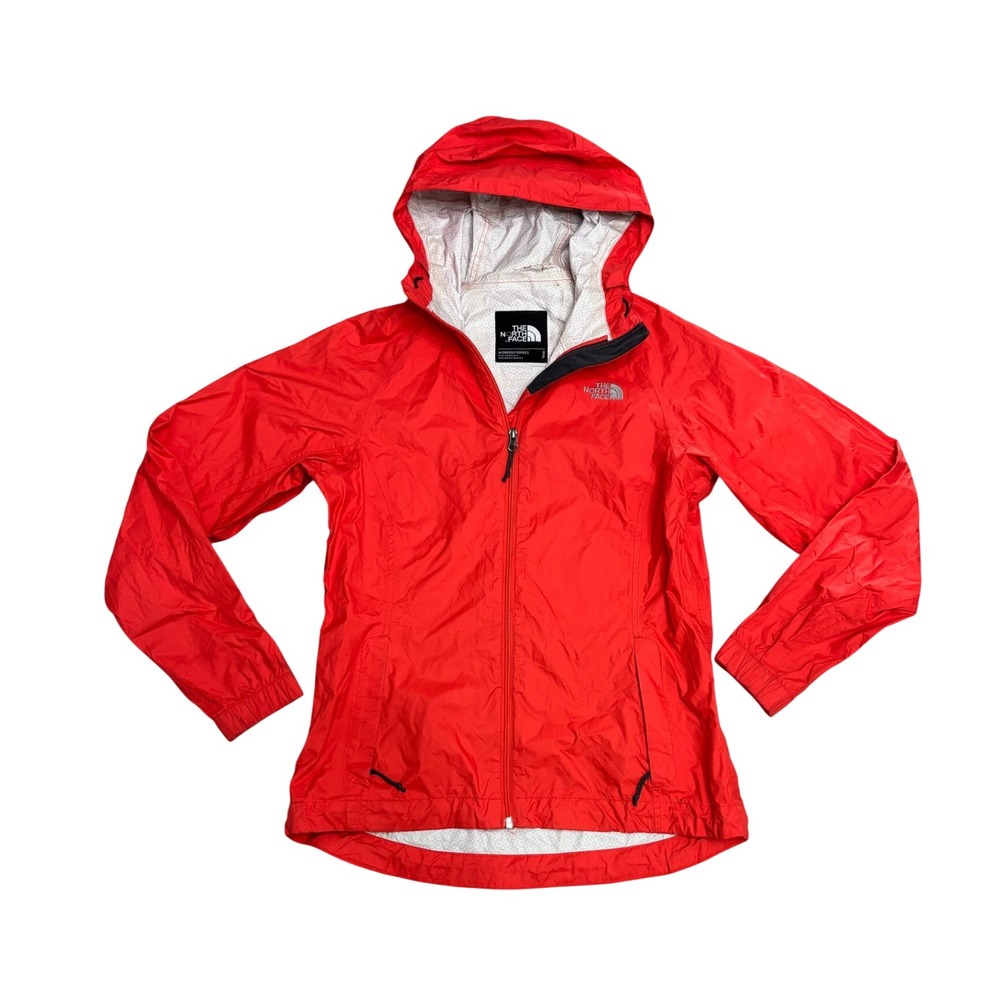 The North Face HyVent Rain Jacket Women Small Orange Hooded Windbreaker Full Zip
